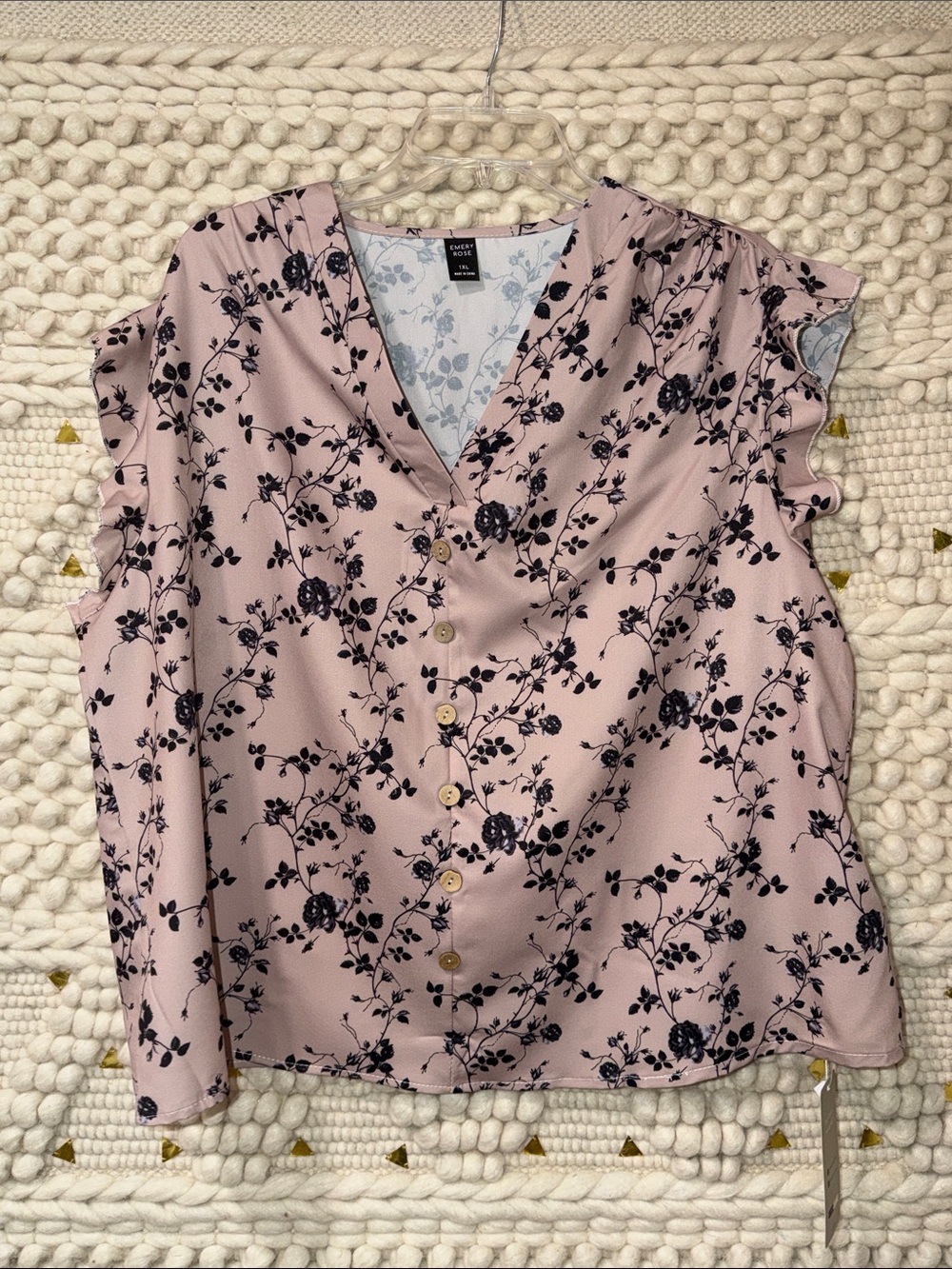 Light Pink Floral Button-Front Ruffle Sleeve Blouse